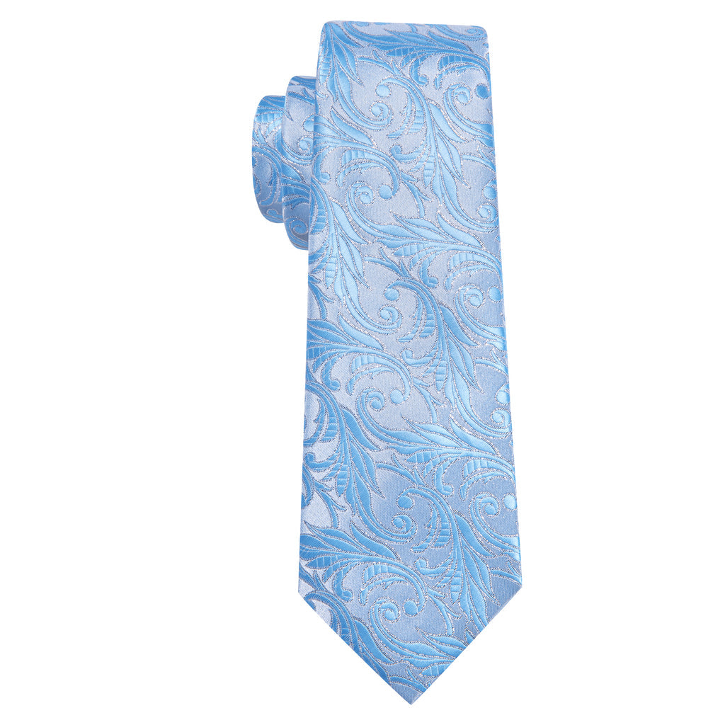 Teal Cyan Silver Floral Silk Tie, Pocket Square and Cufflinks Set tie sets - Sophisticated Gentlemen