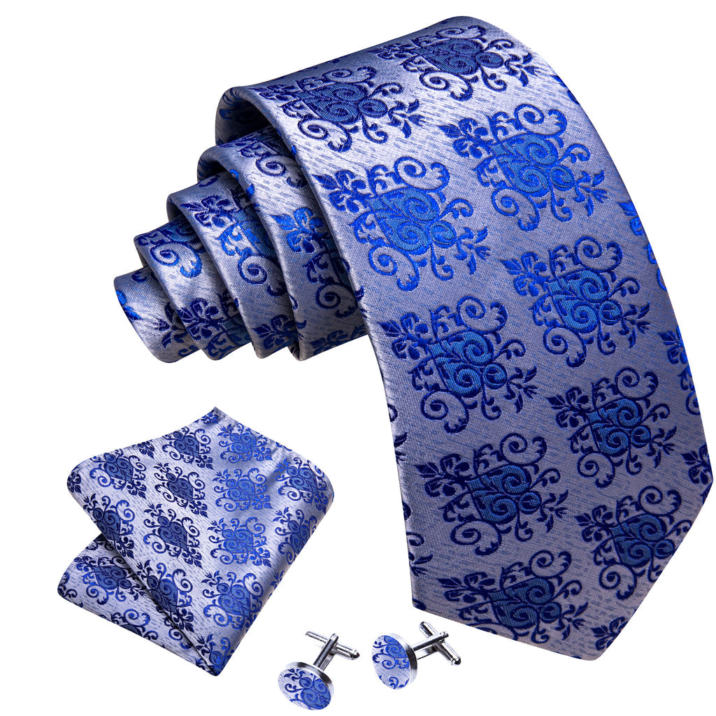 Blue Silver Floral Silk Tie, Pocket Square and Cufflinks Set tie sets - Sophisticated Gentlemen