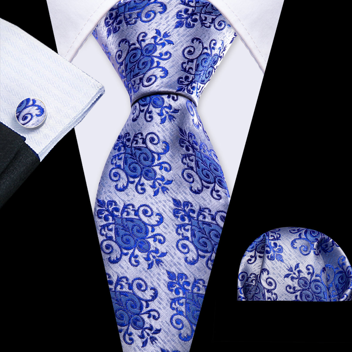Blue Silver Floral Silk Tie, Pocket Square and Cufflinks Set tie sets - Sophisticated Gentlemen