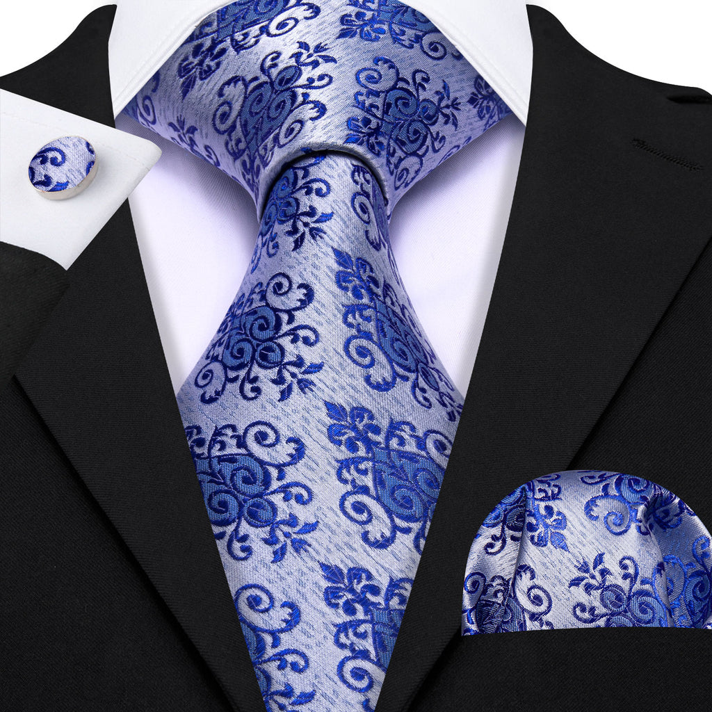 Blue Silver Floral Silk Tie, Pocket Square and Cufflinks Set tie sets - Sophisticated Gentlemen