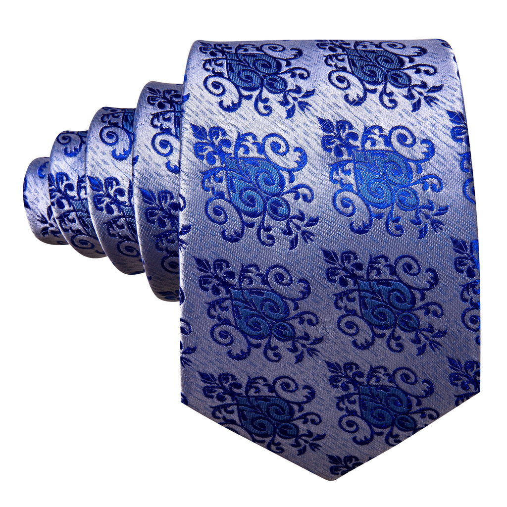 Blue Silver Floral Silk Tie, Pocket Square and Cufflinks Set tie sets - Sophisticated Gentlemen