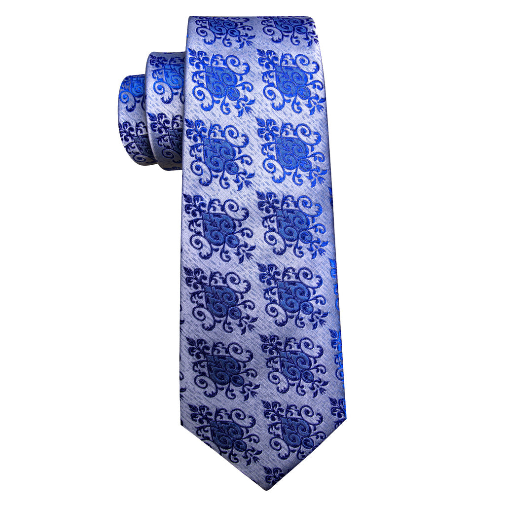 Blue Silver Floral Silk Tie, Pocket Square and Cufflinks Set tie sets - Sophisticated Gentlemen