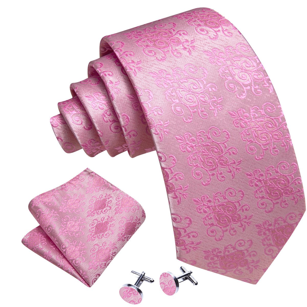 Pink Fashion Floral Silk Tie, Pocket Square and Cufflinks Set tie sets - Sophisticated Gentlemen