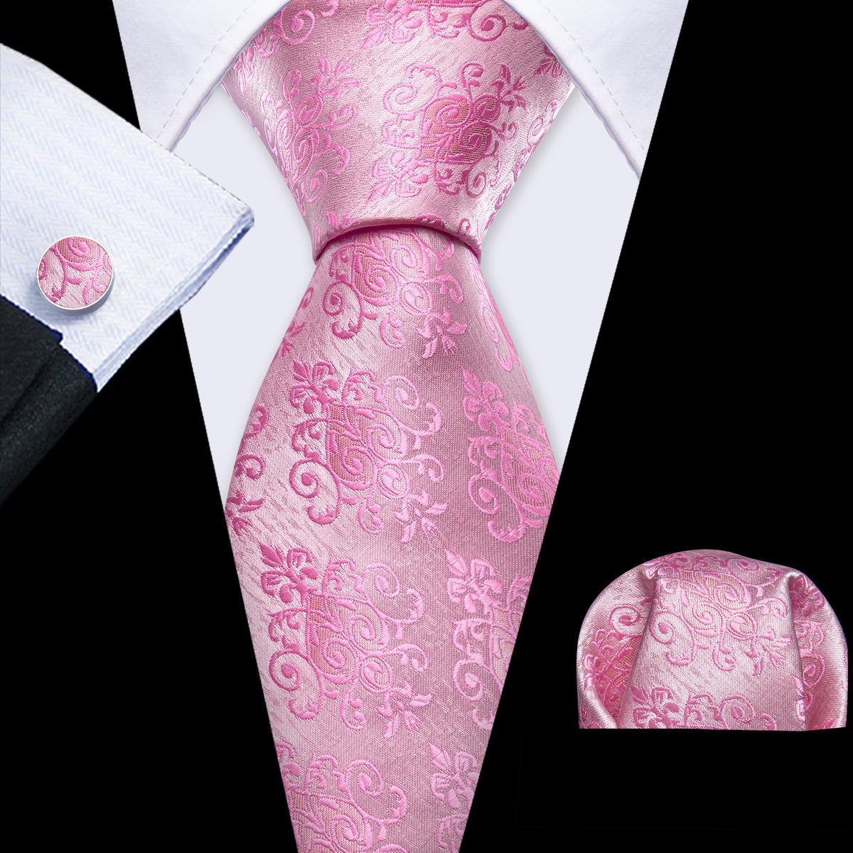 Pink Fashion Floral Silk Tie, Pocket Square and Cufflinks Set tie sets - Sophisticated Gentlemen