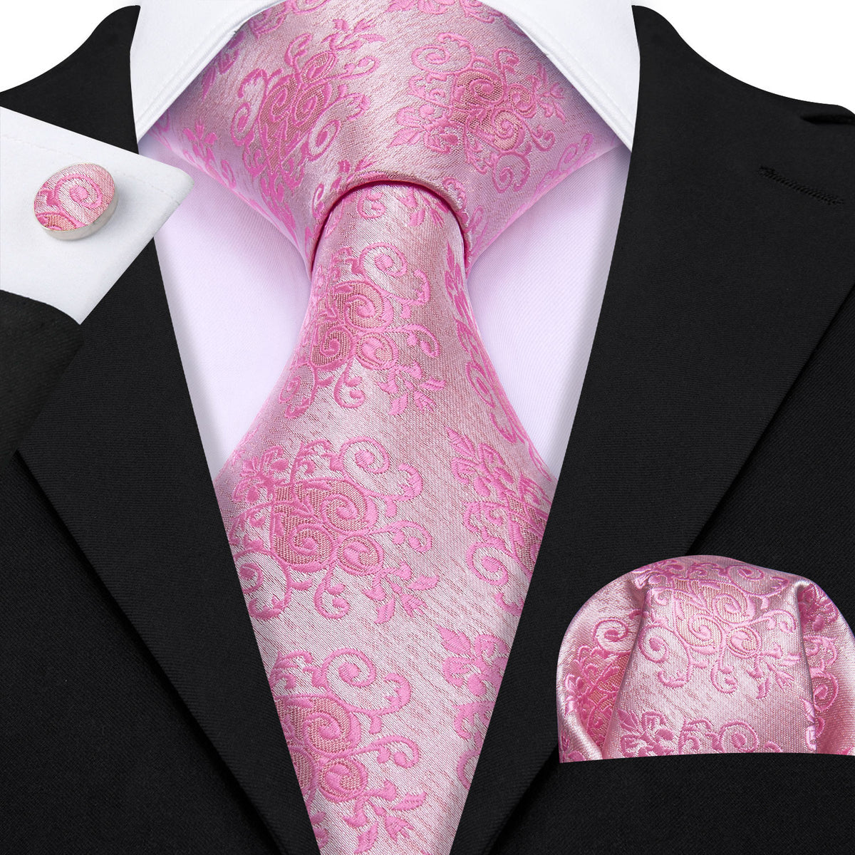 Pink Fashion Floral Silk Tie, Pocket Square and Cufflinks Set tie sets - Sophisticated Gentlemen