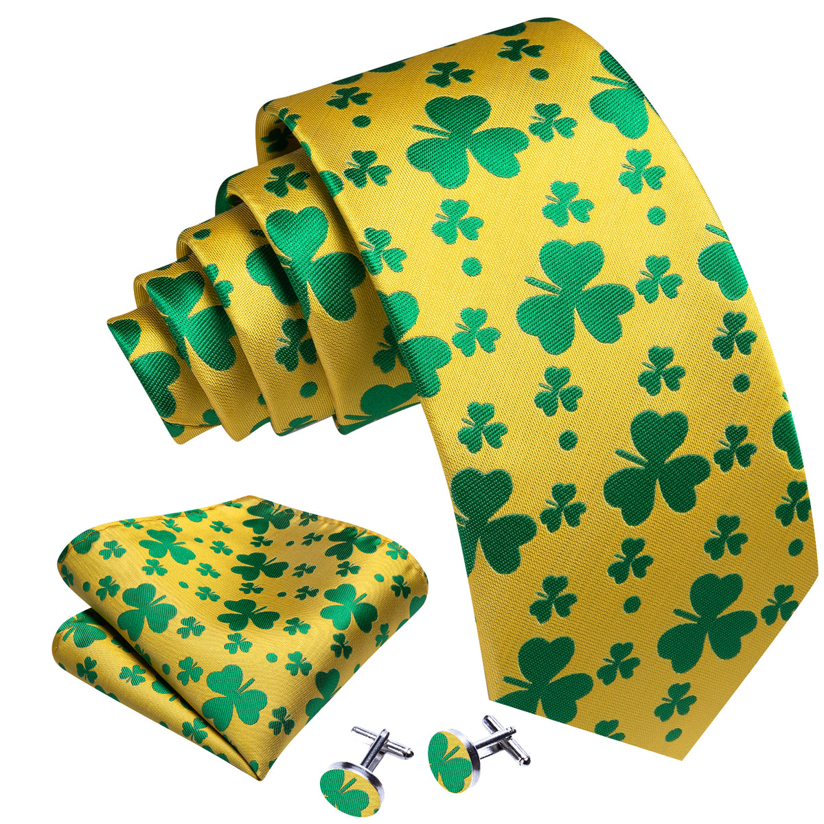 Yellow Green Clover Silk Tie, Pocket Square and Cufflinks Set tie sets - Sophisticated Gentlemen