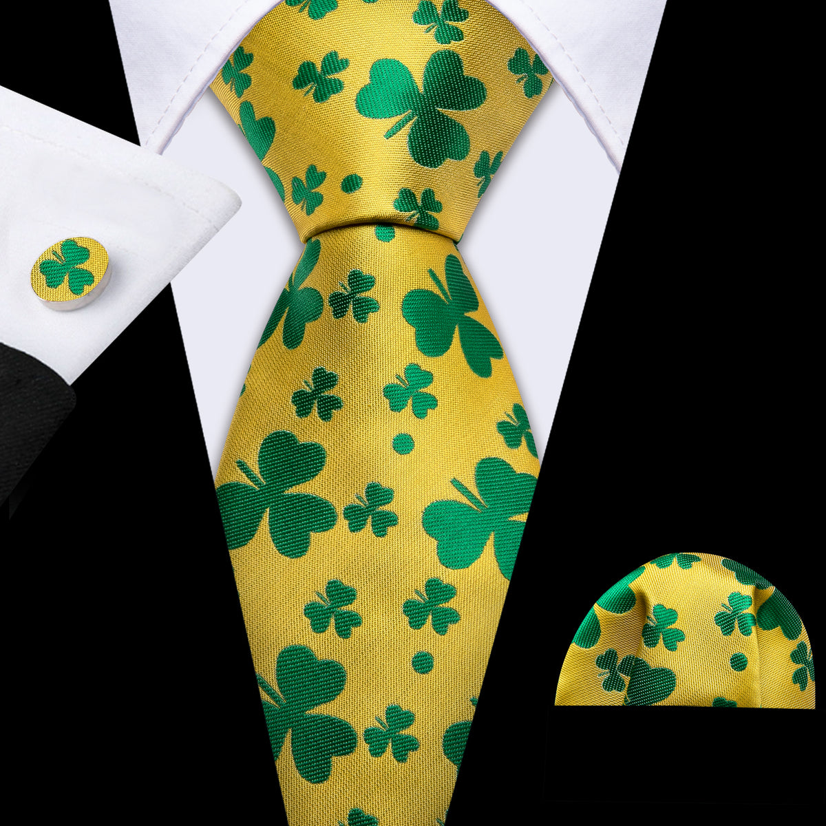 Yellow Green Clover Silk Tie, Pocket Square and Cufflinks Set tie sets - Sophisticated Gentlemen