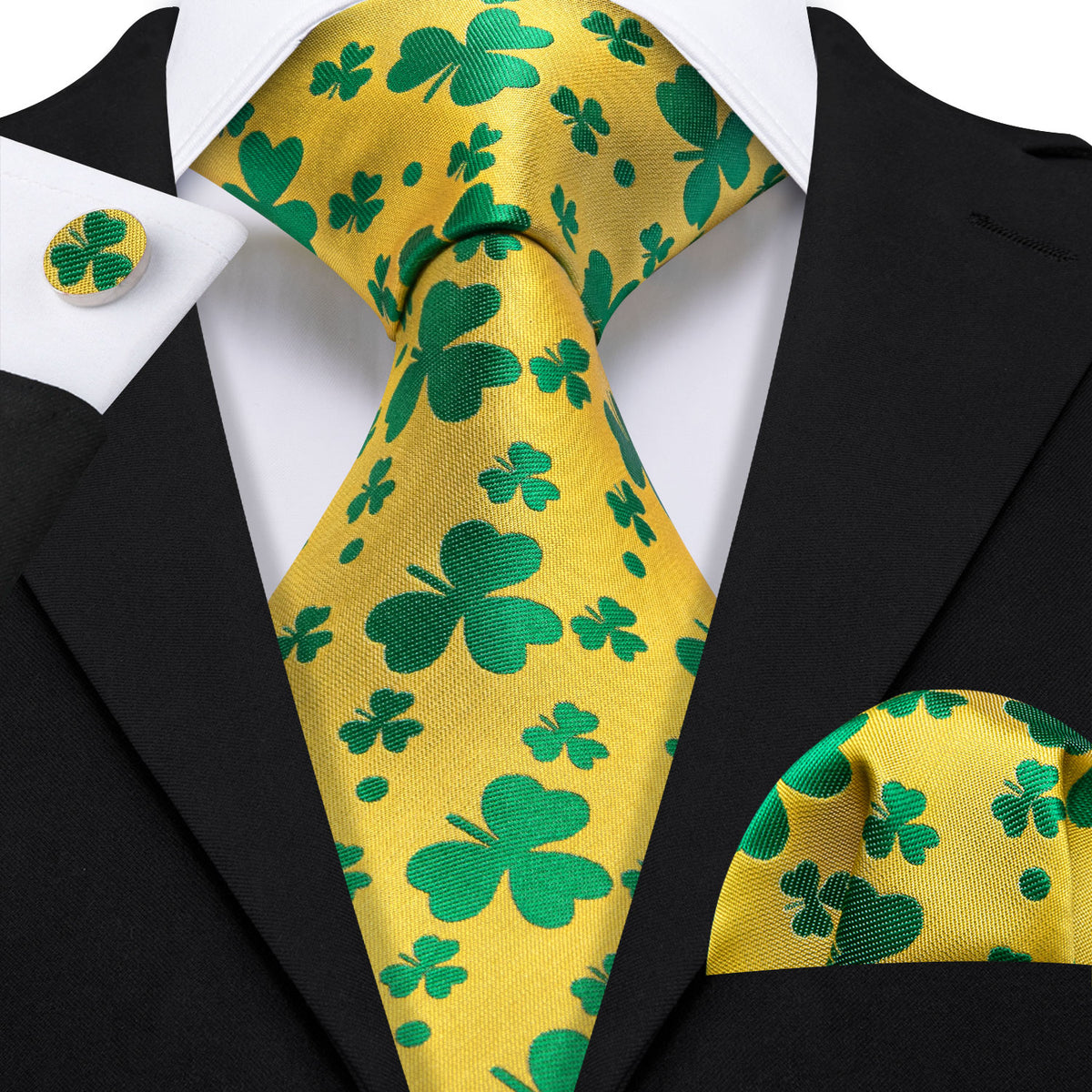 Yellow Green Clover Silk Tie, Pocket Square and Cufflinks Set tie sets - Sophisticated Gentlemen