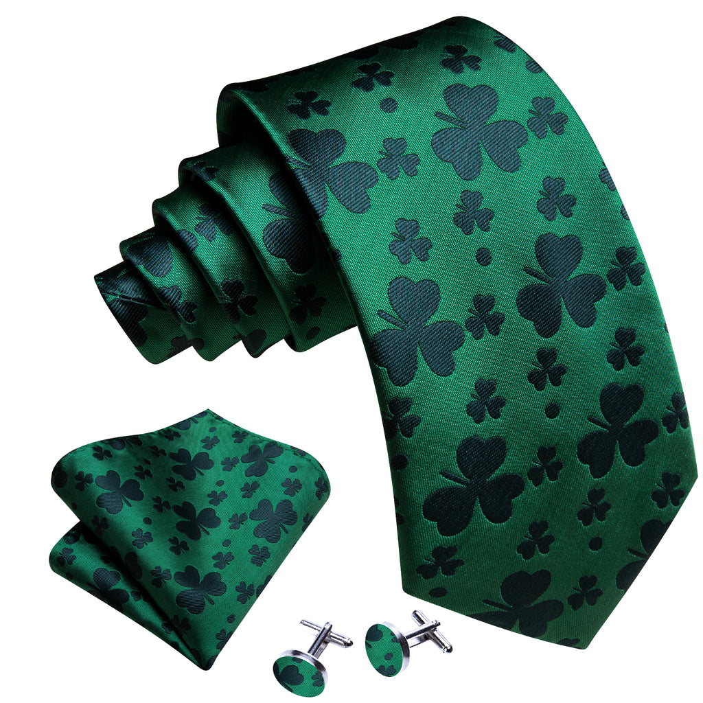 Green Clover Silk Tie, Pocket Square and Cufflinks Set tie sets - Sophisticated Gentlemen
