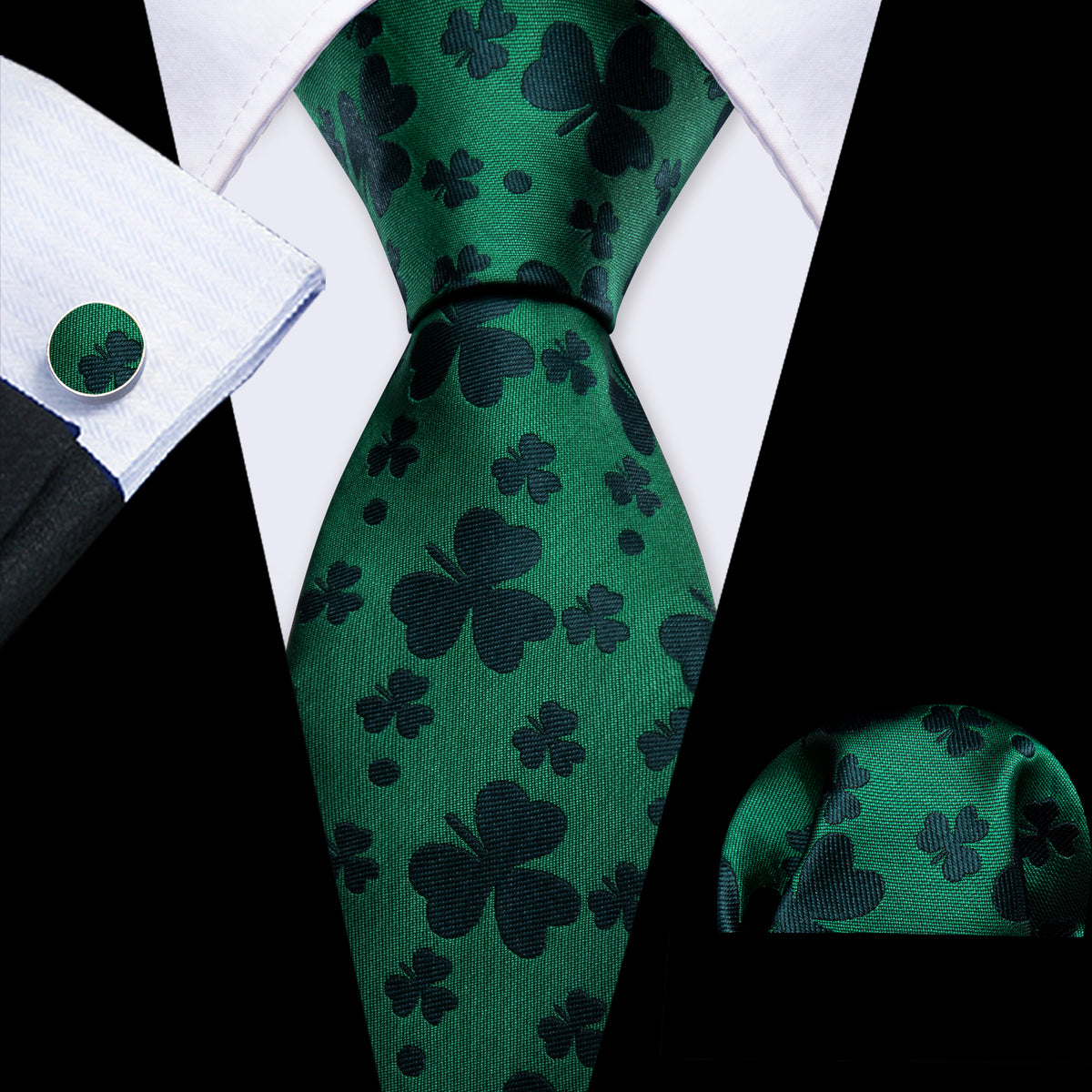 Green Clover Silk Tie, Pocket Square and Cufflinks Set tie sets - Sophisticated Gentlemen