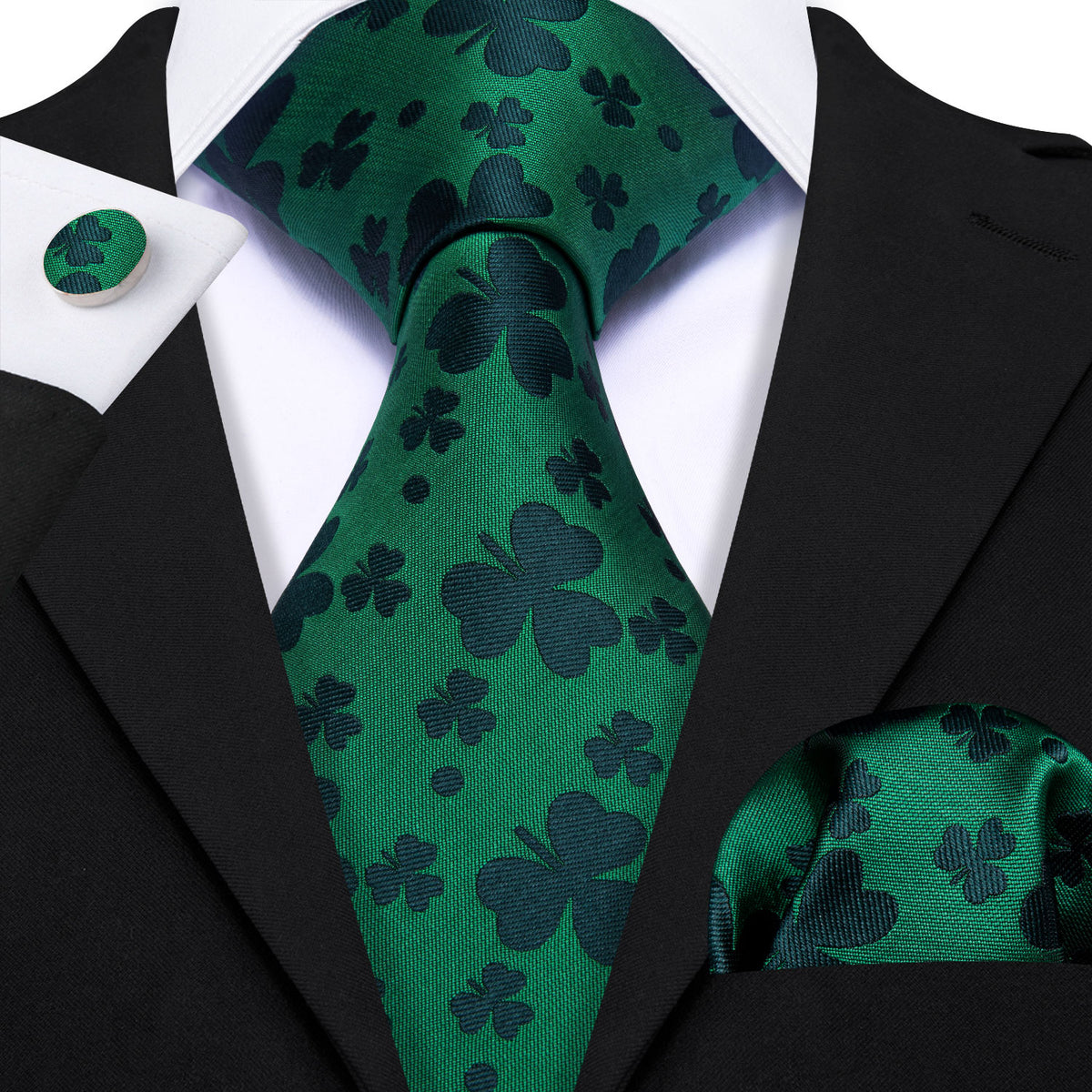 Green Clover Silk Tie, Pocket Square and Cufflinks Set tie sets - Sophisticated Gentlemen