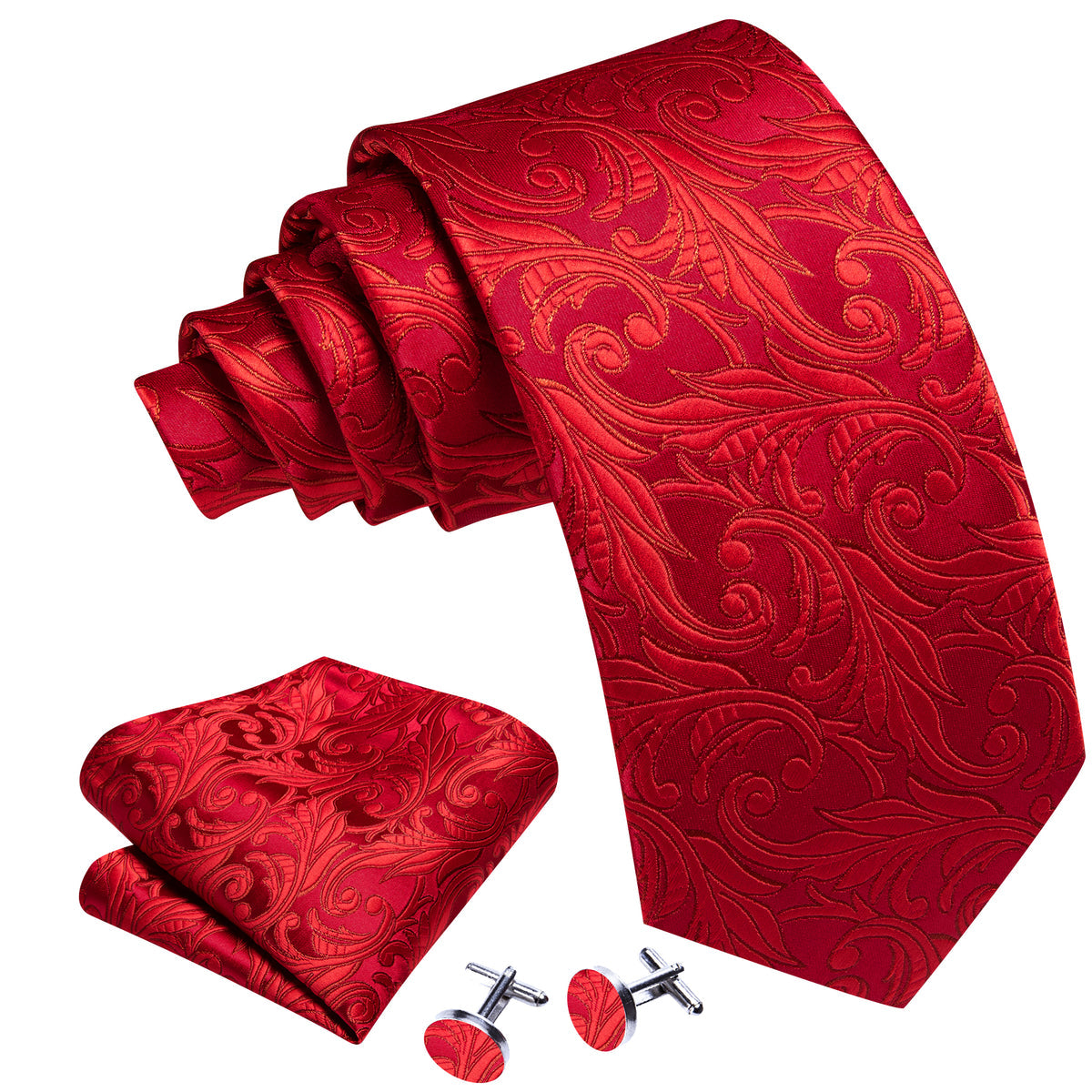 Red Floral Silk Wedding Tie, Pocket Square and Cufflinks Set tie sets - Sophisticated Gentlemen
