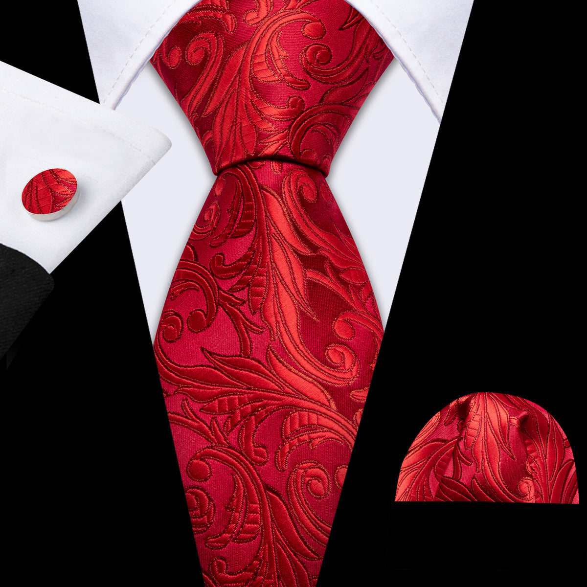 Red Floral Silk Wedding Tie, Pocket Square and Cufflinks Set tie sets - Sophisticated Gentlemen