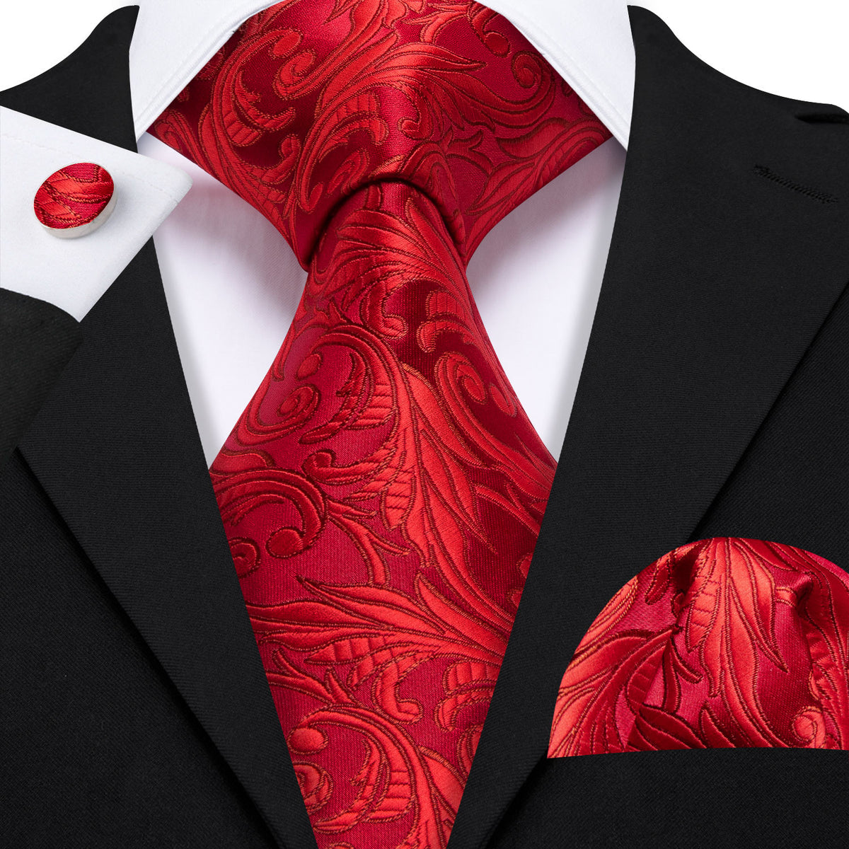 Red Floral Silk Wedding Tie, Pocket Square and Cufflinks Set tie sets - Sophisticated Gentlemen