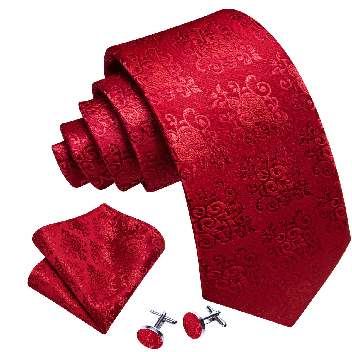 Red Novetly Floral Silk Tie, Pocket Square and Cufflinks Set tie sets - Sophisticated Gentlemen
