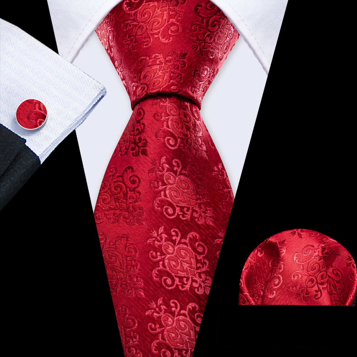 Red Novetly Floral Silk Tie, Pocket Square and Cufflinks Set tie sets - Sophisticated Gentlemen