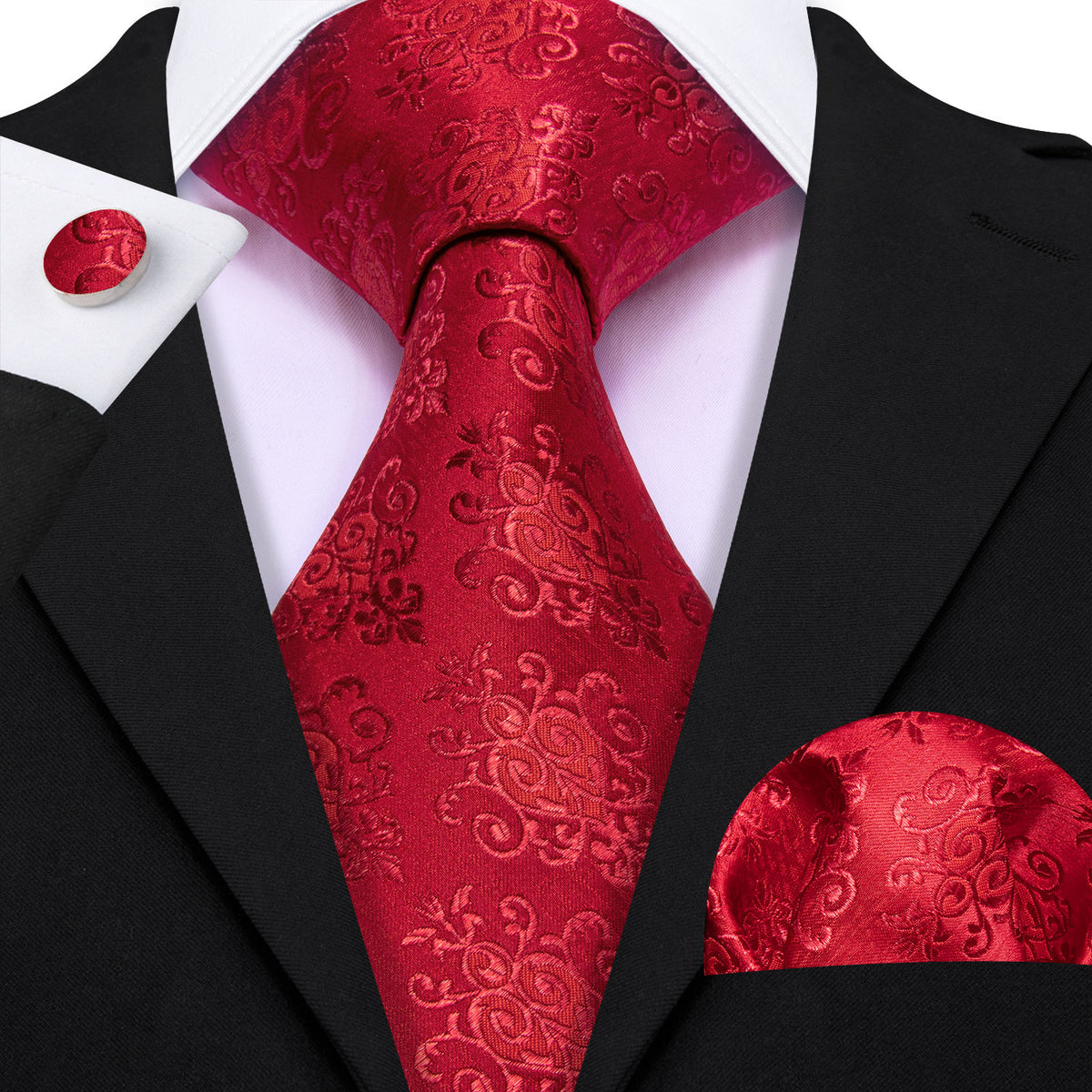 Red Novetly Floral Silk Tie, Pocket Square and Cufflinks Set tie sets - Sophisticated Gentlemen