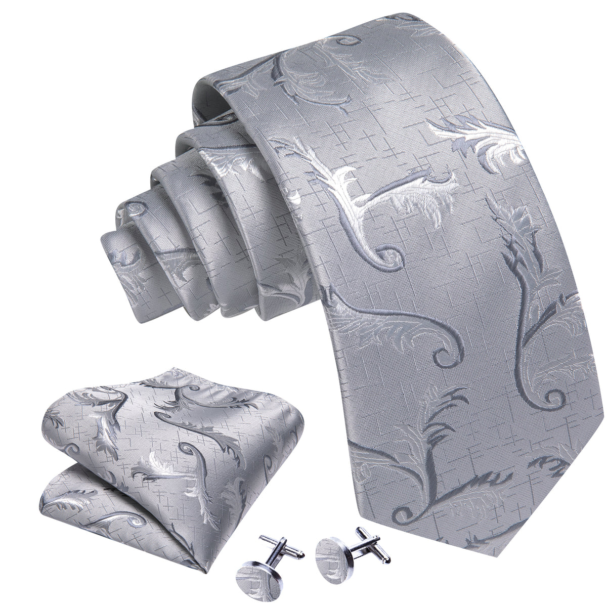 Gray White Floral Silk Tie, Pocket Square and Cufflinks Set tie sets - Sophisticated Gentlemen