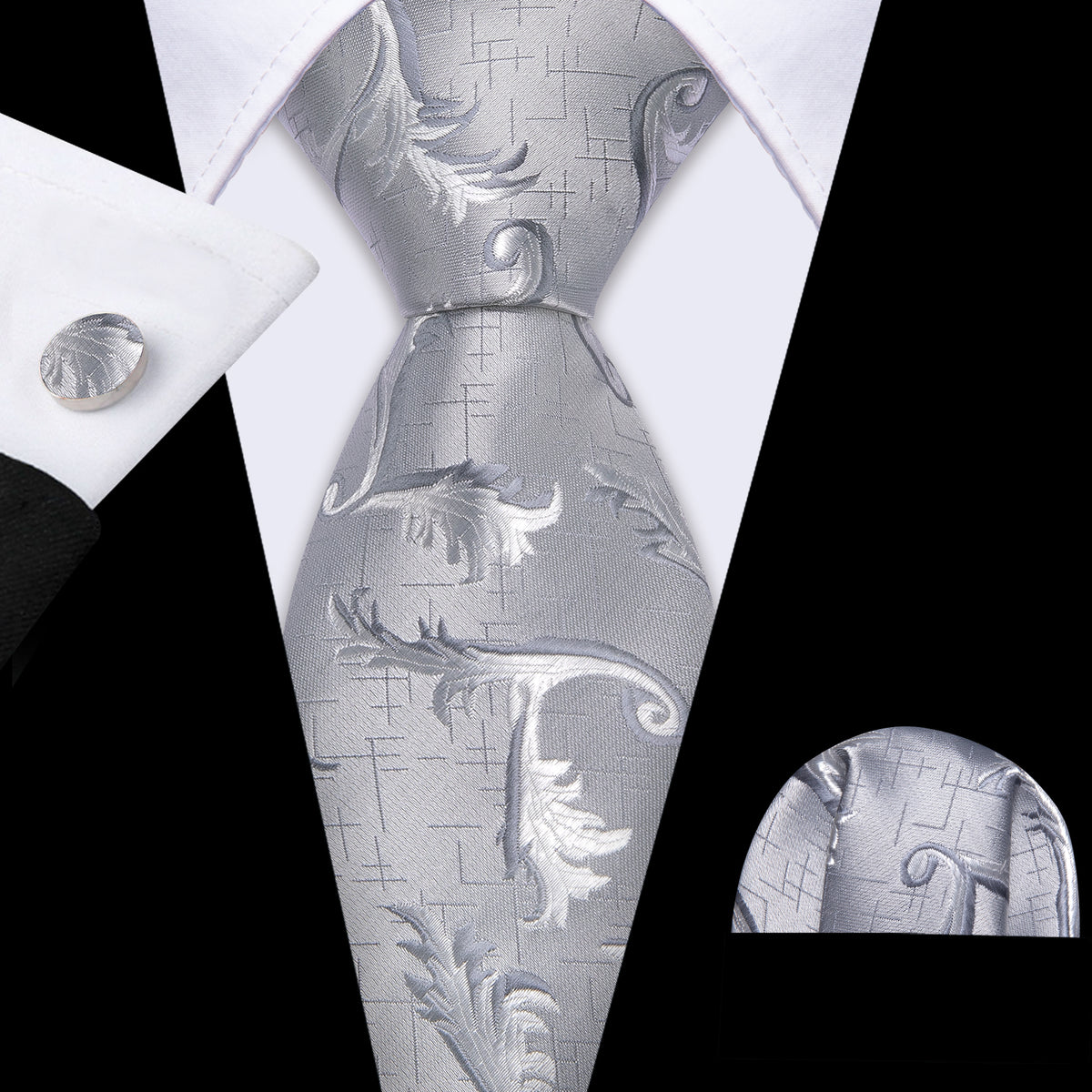 Gray White Floral Silk Tie, Pocket Square and Cufflinks Set tie sets - Sophisticated Gentlemen