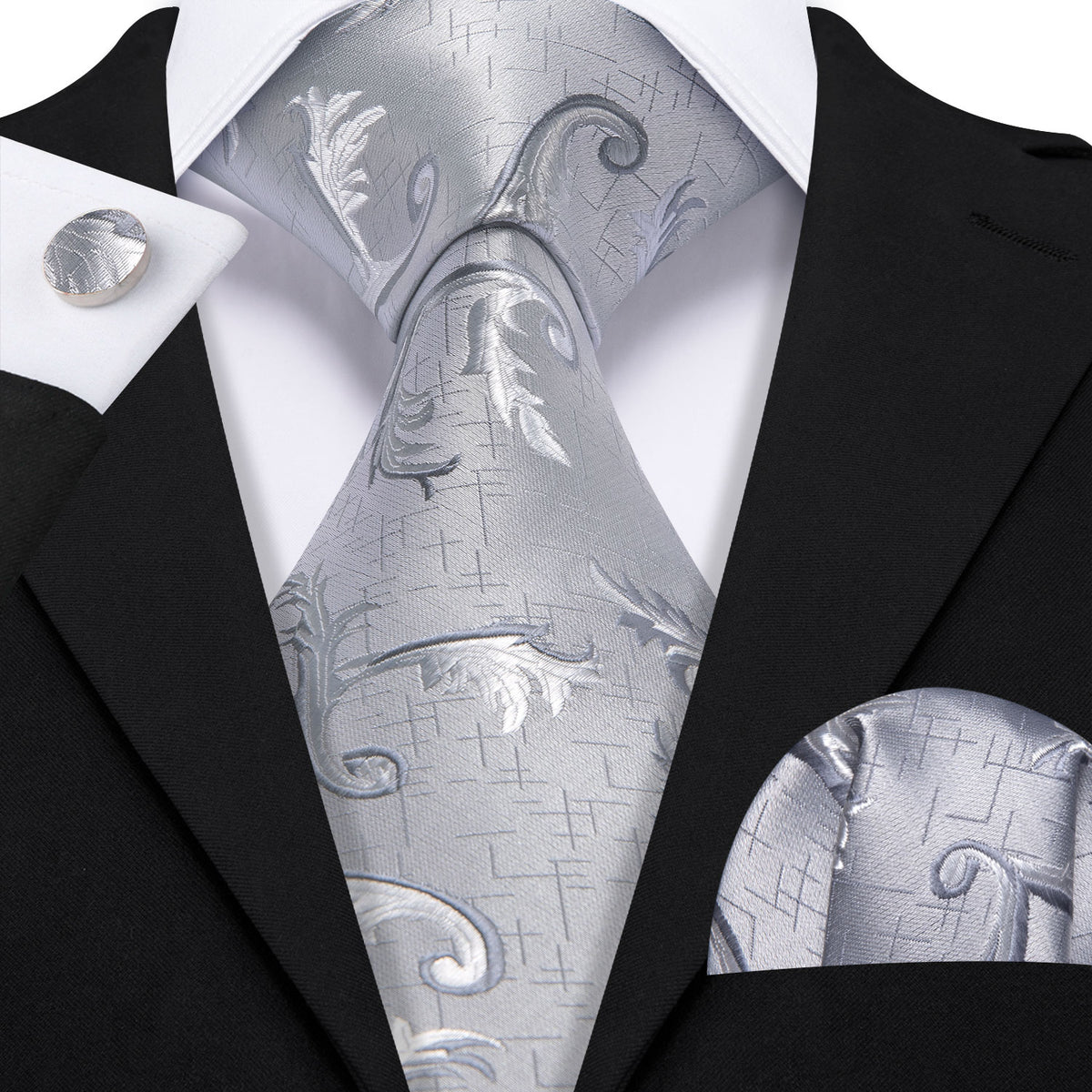 Gray White Floral Silk Tie, Pocket Square and Cufflinks Set tie sets - Sophisticated Gentlemen