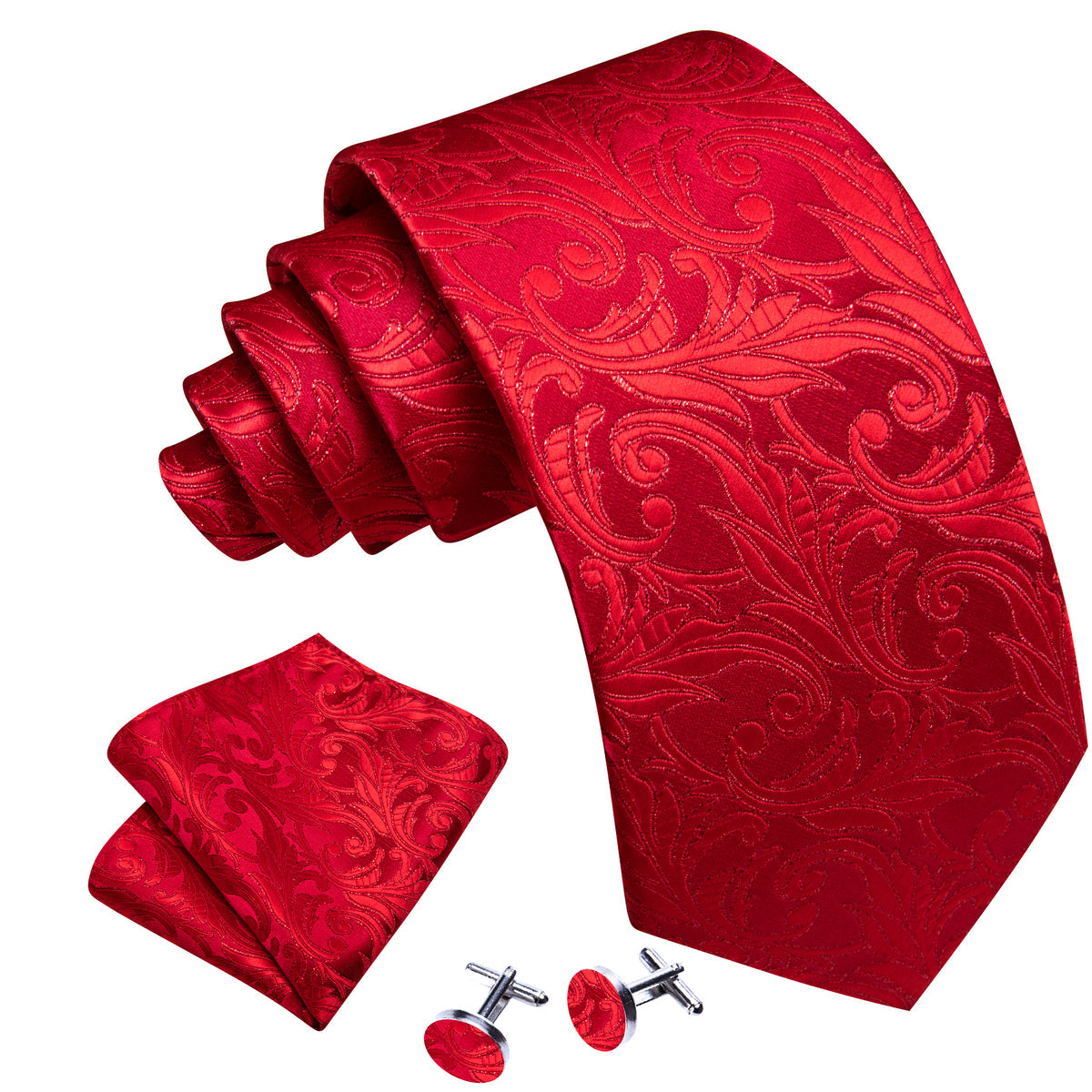 Red Strong Floral Silk Tie, Pocket Square and Cufflinks Set tie sets - Sophisticated Gentlemen