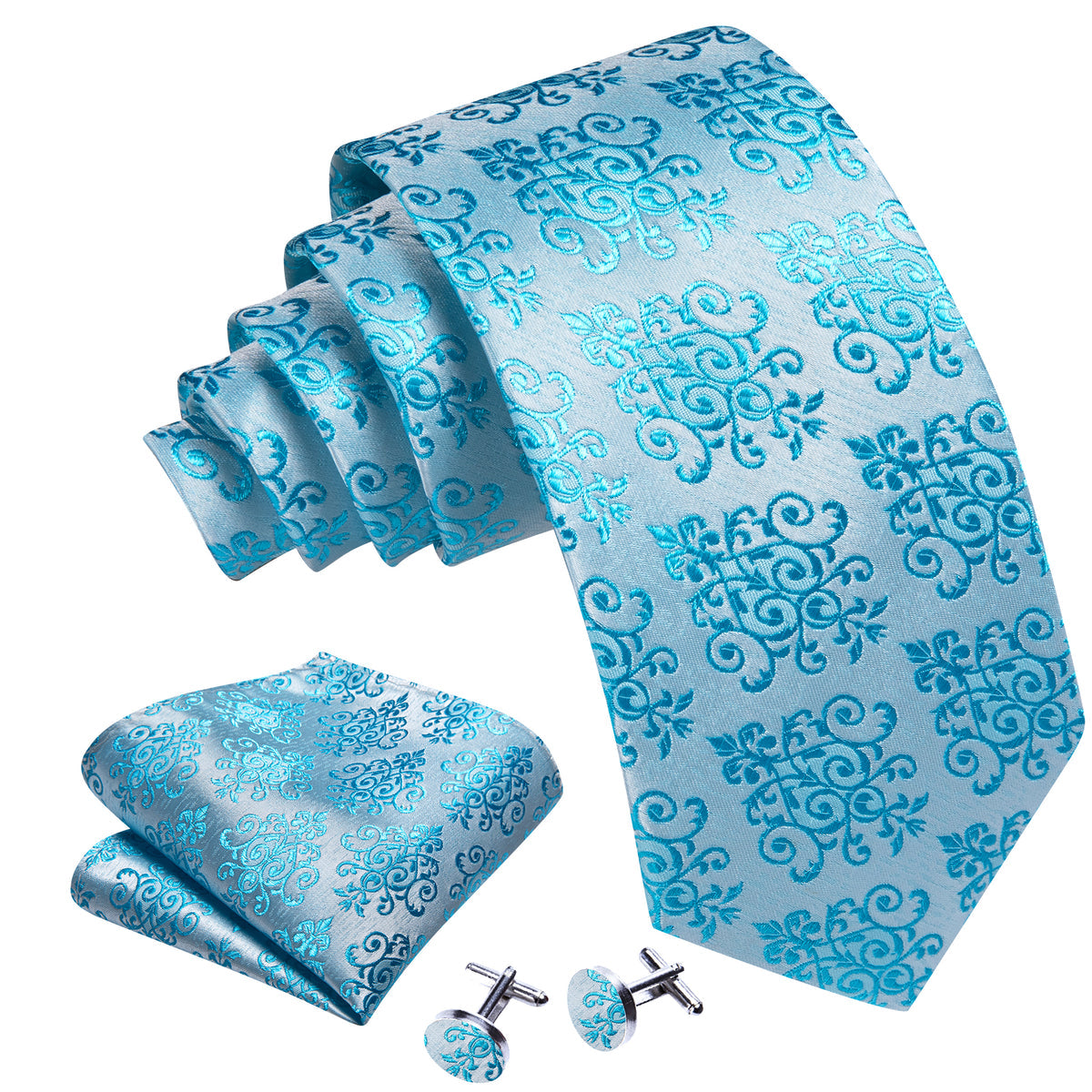 Seafoam Floral Silk Tie, Pocket Square and Cufflinks Set tie sets - Sophisticated Gentlemen
