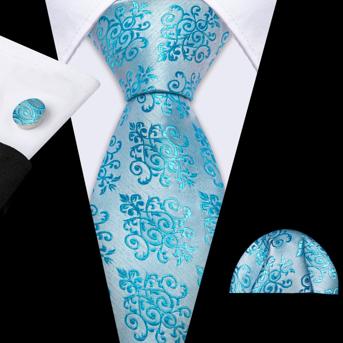 Seafoam Floral Silk Tie, Pocket Square and Cufflinks Set tie sets - Sophisticated Gentlemen