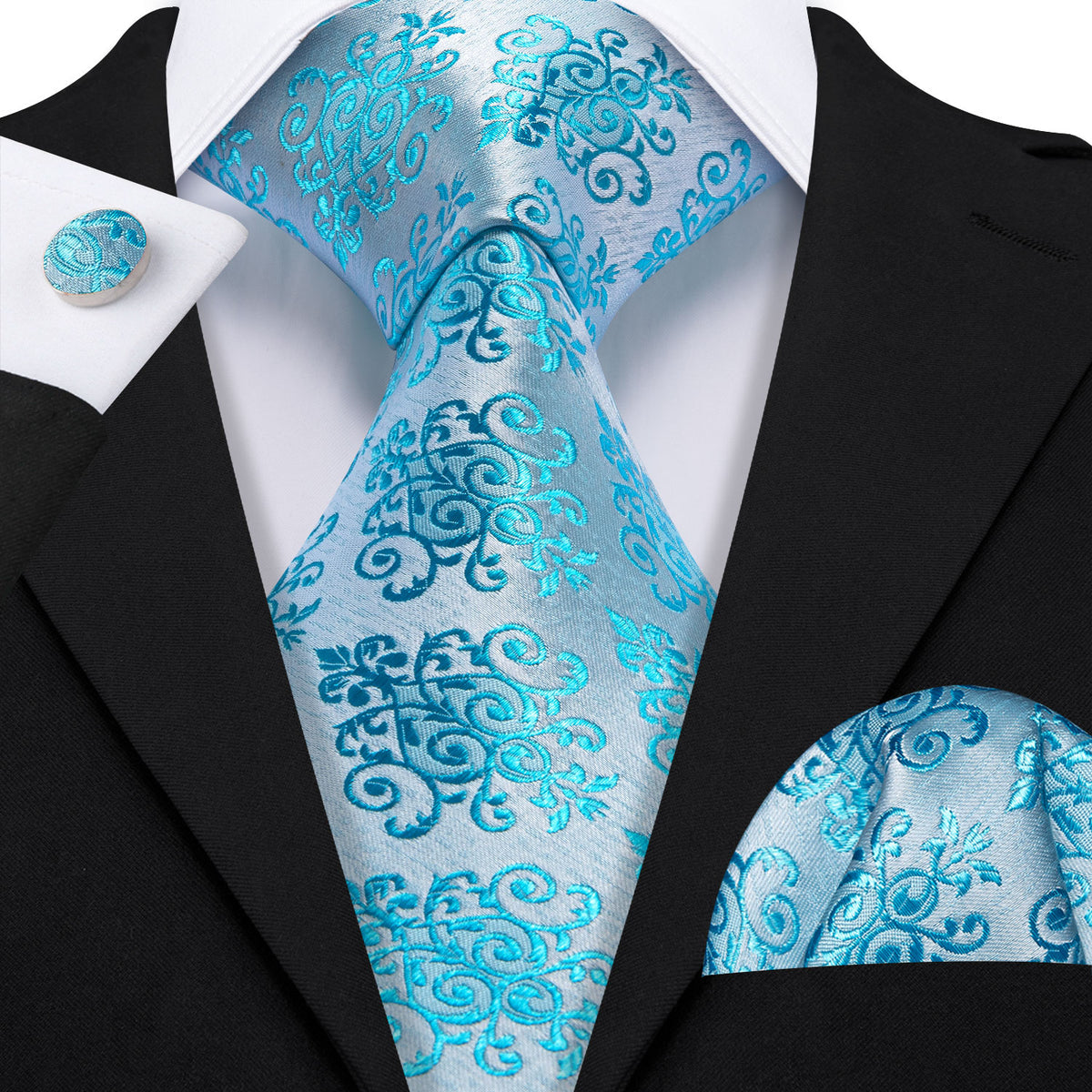 Seafoam Floral Silk Tie, Pocket Square and Cufflinks Set tie sets - Sophisticated Gentlemen