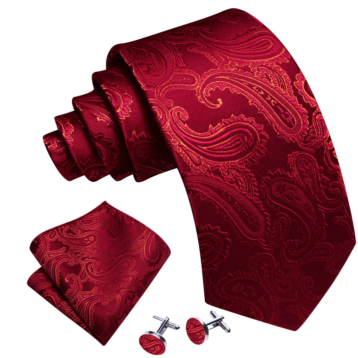 Red Paisley Silk Tie, Pocket Square and Cufflinks Set tie sets    - Sophisticated Gentlemen