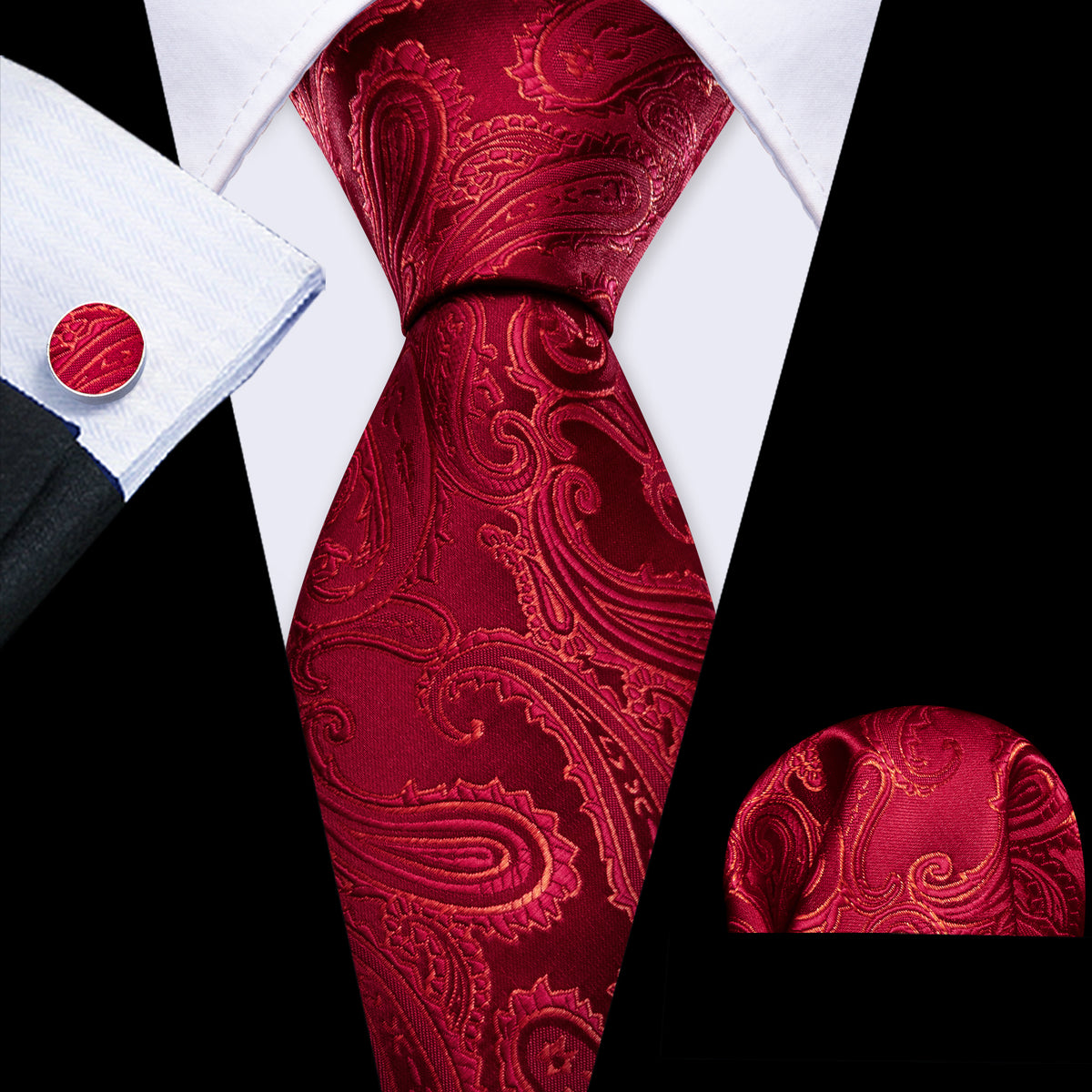 Red Paisley Silk Tie, Pocket Square and Cufflinks Set tie sets    - Sophisticated Gentlemen