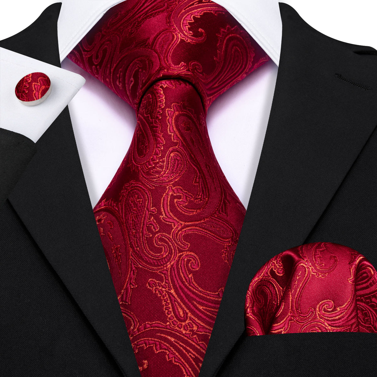 Red Paisley Silk Tie, Pocket Square and Cufflinks Set tie sets    - Sophisticated Gentlemen