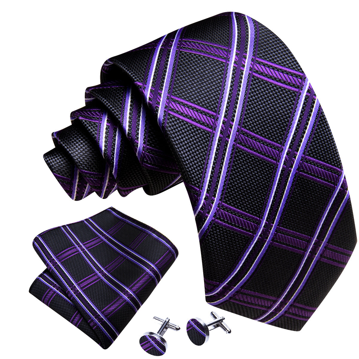 Black Purple Silk Tie, Pocket Square and Cufflinks Set tie sets - Sophisticated Gentlemen