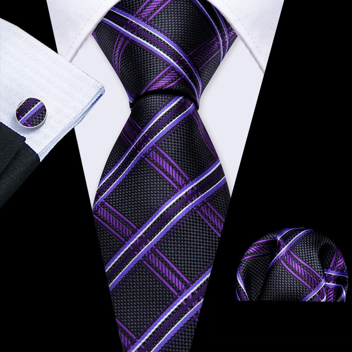 Black Purple Silk Tie, Pocket Square and Cufflinks Set tie sets - Sophisticated Gentlemen