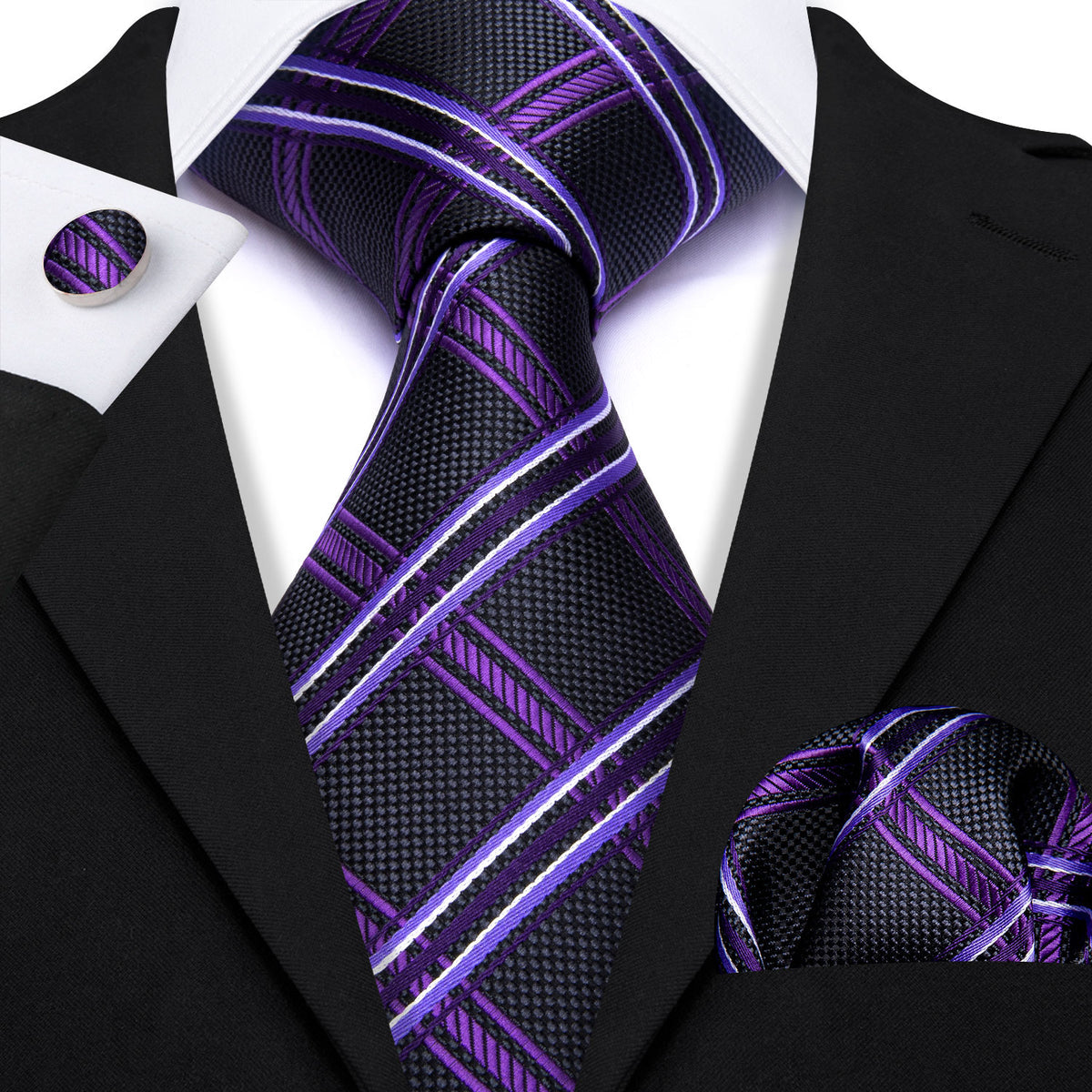 Black Purple Silk Tie, Pocket Square and Cufflinks Set tie sets - Sophisticated Gentlemen