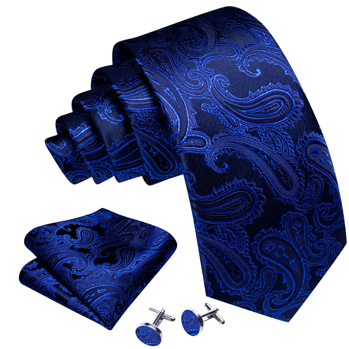 Navy Blue Paisley Silk Tie, Pocket Square and Cufflinks Set tie sets - Sophisticated Gentlemen