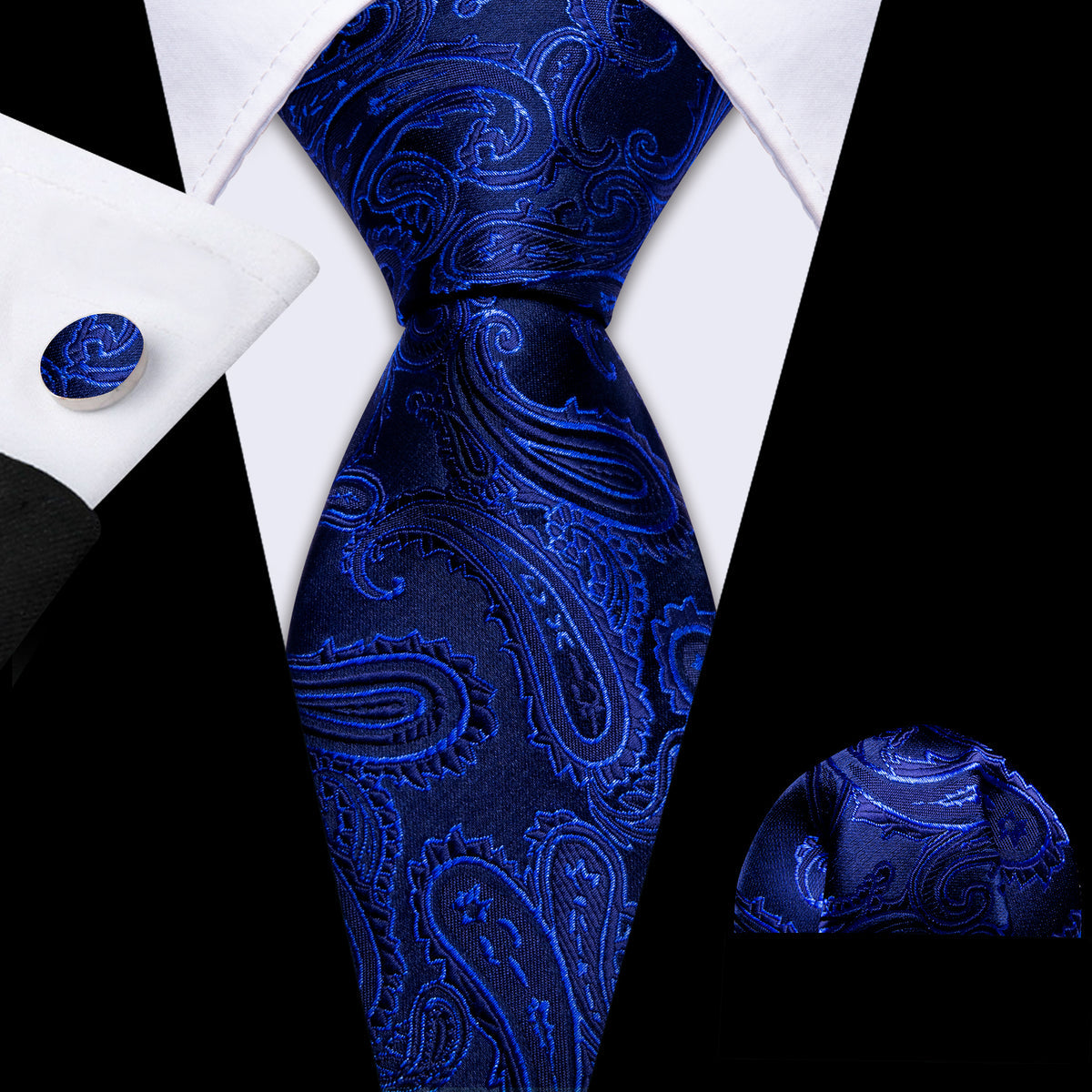 Navy Blue Paisley Silk Tie, Pocket Square and Cufflinks Set tie sets - Sophisticated Gentlemen