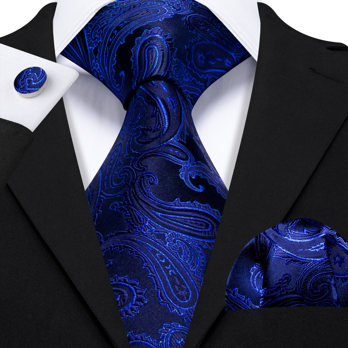Navy Blue Paisley Silk Tie, Pocket Square and Cufflinks Set tie sets - Sophisticated Gentlemen
