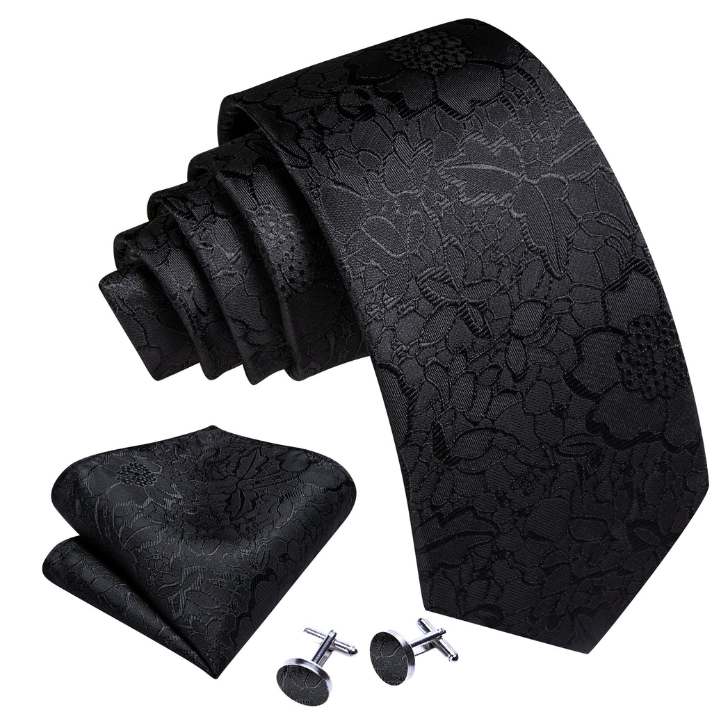 Black Floral Silk Tie, Pocket Square and Cufflinks Set tie sets - Sophisticated Gentlemen