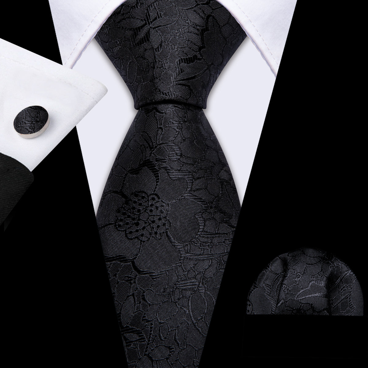 Black Floral Silk Tie, Pocket Square and Cufflinks Set tie sets - Sophisticated Gentlemen