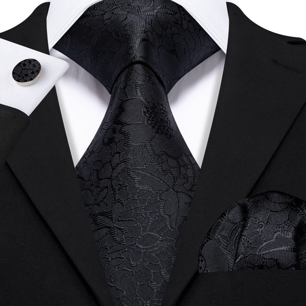 Black Floral Silk Tie, Pocket Square and Cufflinks Set tie sets - Sophisticated Gentlemen