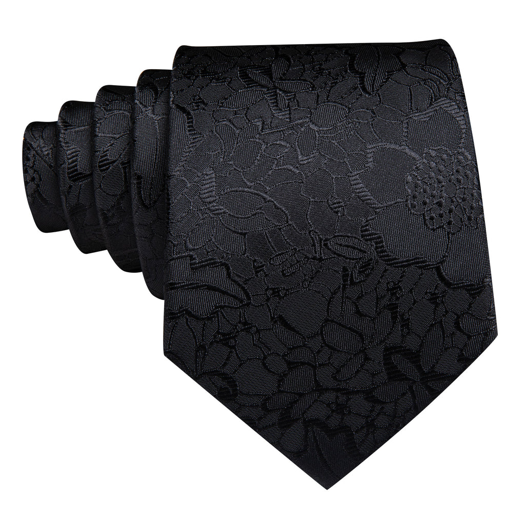 Black Floral Silk Tie, Pocket Square and Cufflinks Set tie sets - Sophisticated Gentlemen