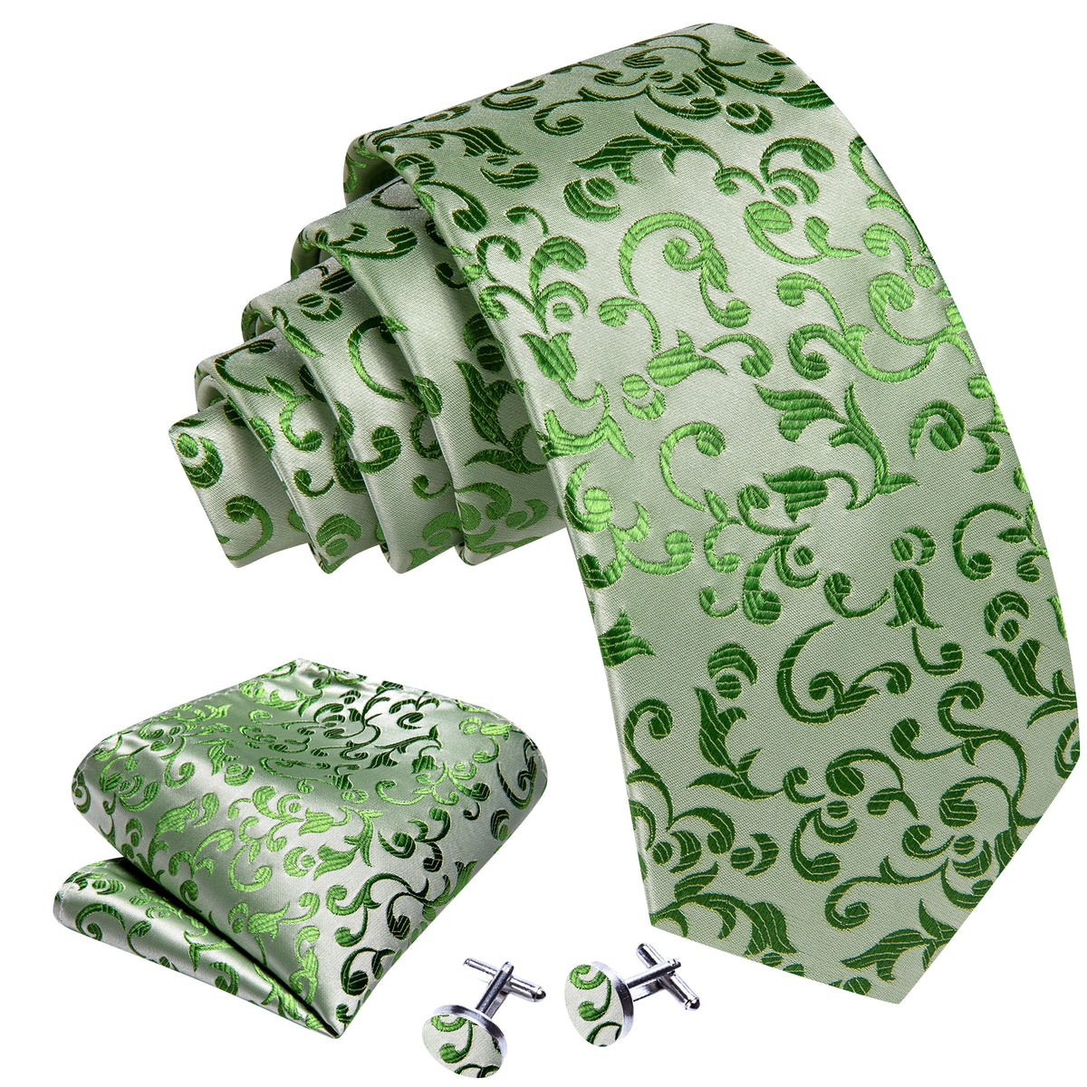Green Floral Silk Tie, Pocket Square and Cufflinks Set tie sets - Sophisticated Gentlemen