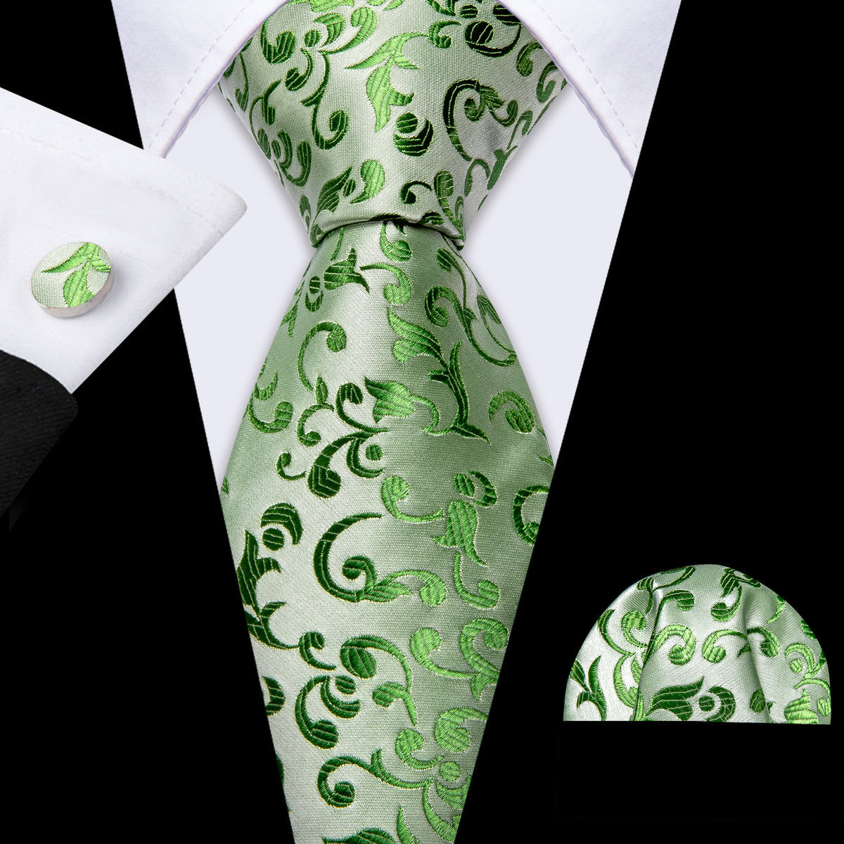 Green Floral Silk Tie, Pocket Square and Cufflinks Set tie sets - Sophisticated Gentlemen
