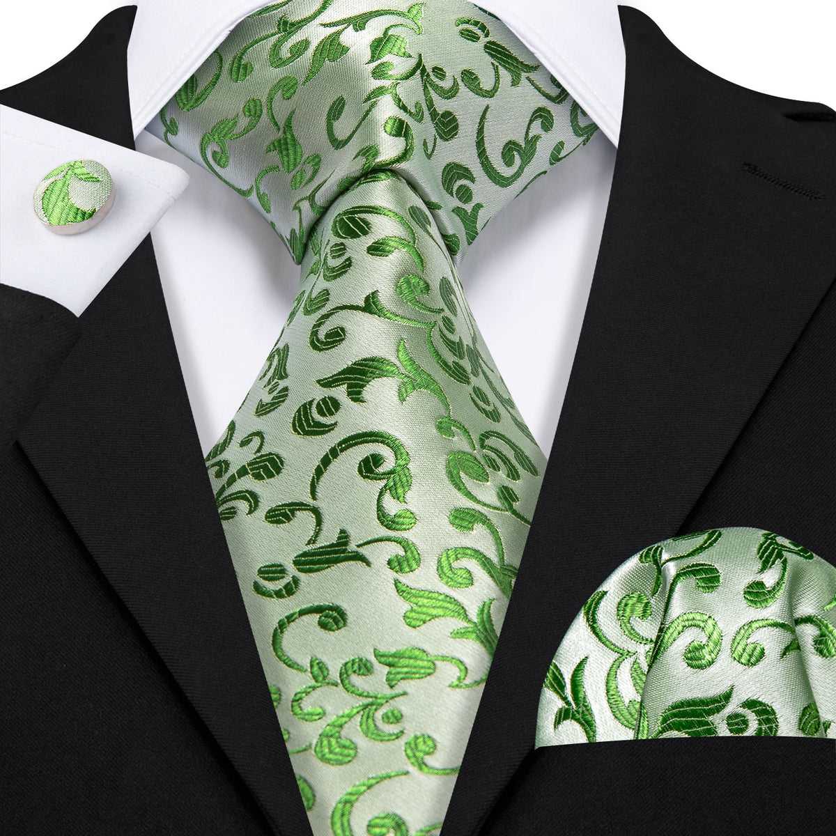 Green Floral Silk Tie, Pocket Square and Cufflinks Set tie sets - Sophisticated Gentlemen