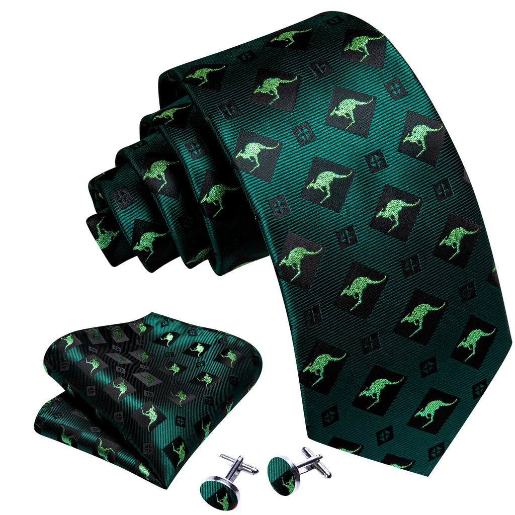 Green Black Kangaroo Floral Silk Tie, Pocket Square and Cufflinks Set tie sets - Sophisticated Gentlemen