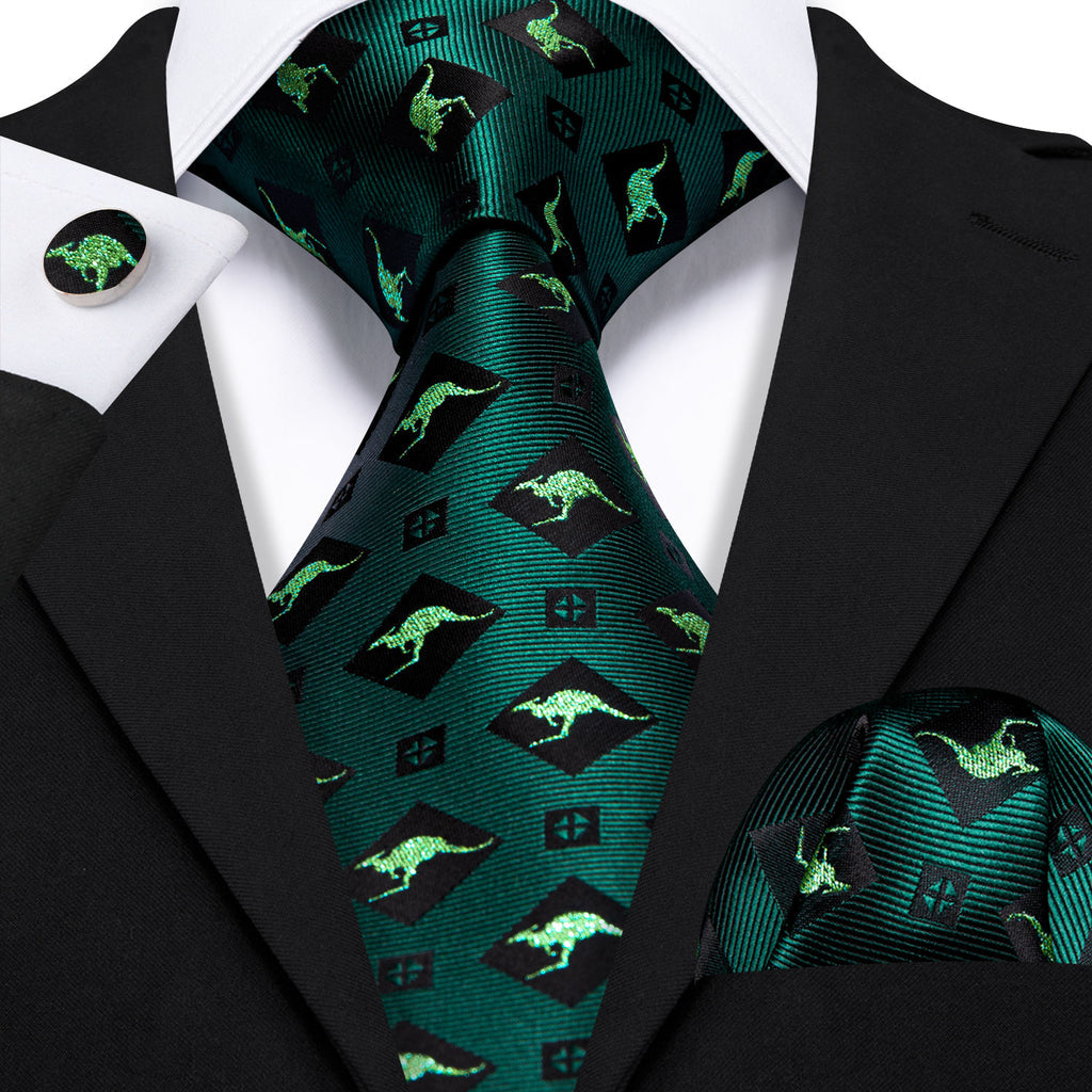 Green Black Kangaroo Floral Silk Tie, Pocket Square and Cufflinks Set tie sets - Sophisticated Gentlemen