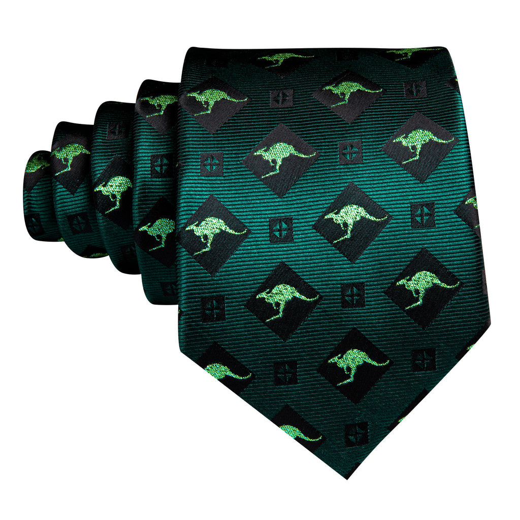 Green Black Kangaroo Floral Silk Tie, Pocket Square and Cufflinks Set tie sets - Sophisticated Gentlemen