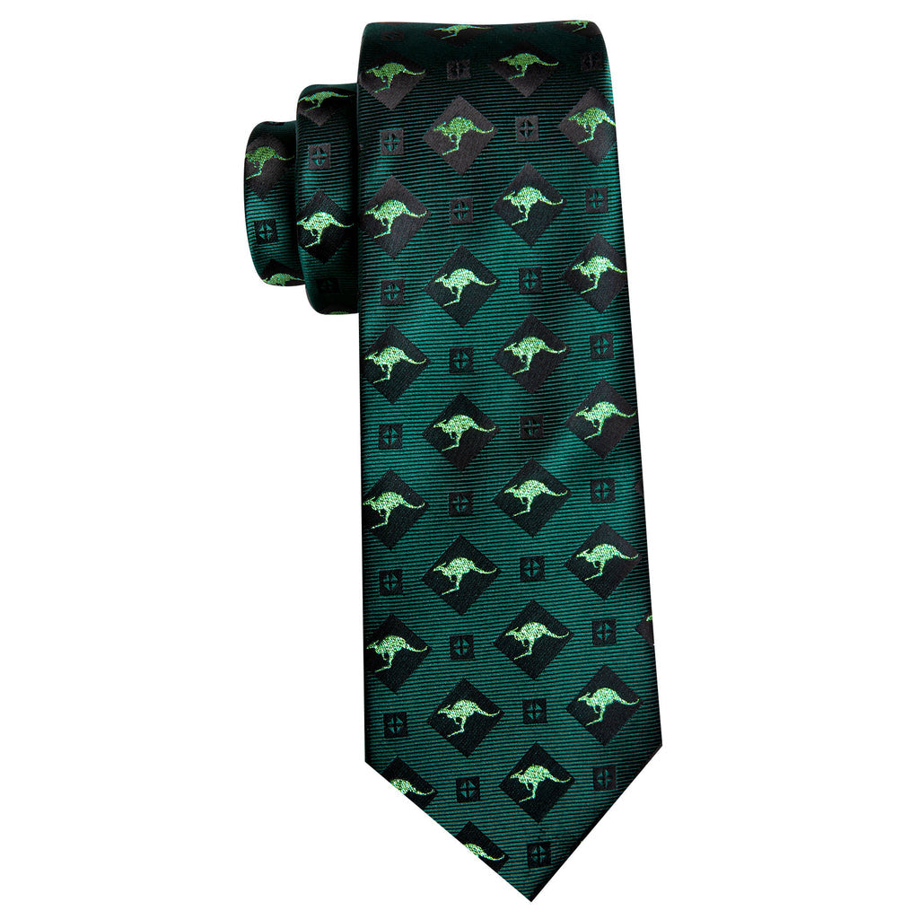 Green Black Kangaroo Floral Silk Tie, Pocket Square and Cufflinks Set tie sets - Sophisticated Gentlemen