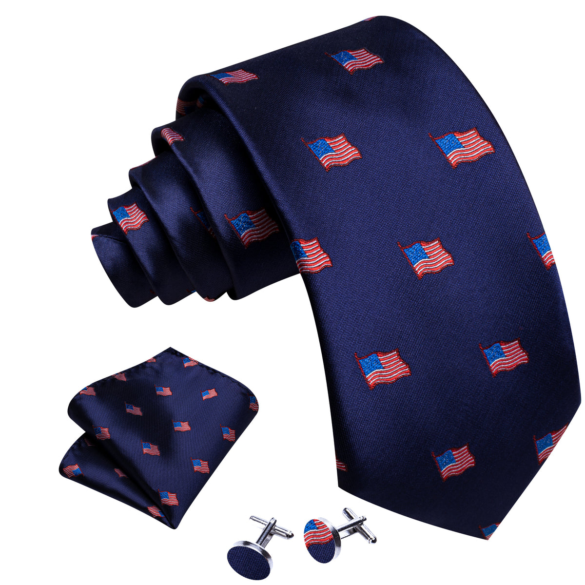 Blue Red American Flag Pattern Tie, Pocket Square and Cufflinks Set tie sets - Sophisticated Gentlemen