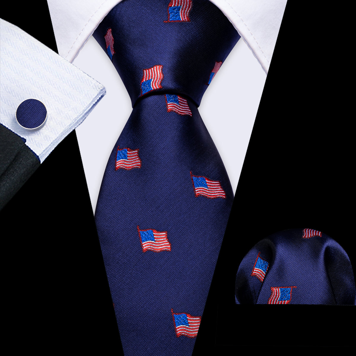Blue Red American Flag Pattern Tie, Pocket Square and Cufflinks Set tie sets - Sophisticated Gentlemen